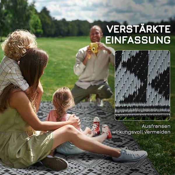 Udendørs Tæppe, Vandafvisende Plastik Tæppe, Vendbart, Til Camping & Gårdhave, Sort+Grå, 182X274Cm