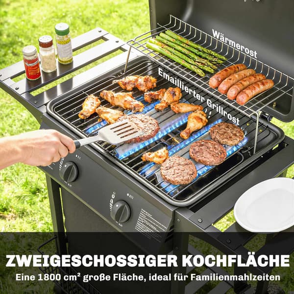 Gasgrill 5kW, 2 brændere, rustfrit stål, sideborde
