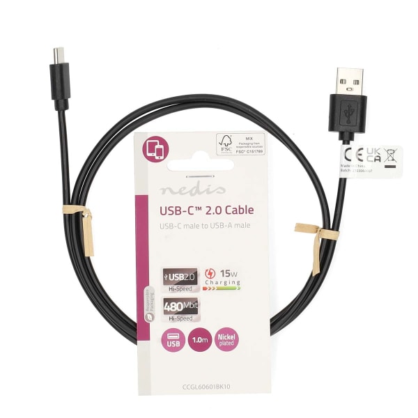 USB-kabel | USB 2.0 | USB-A Han | USB-C™ Han | 2.5 W | 480 Mbps | Nikkelplateret | 1.00 m | Runde | PVC | Sort | Label