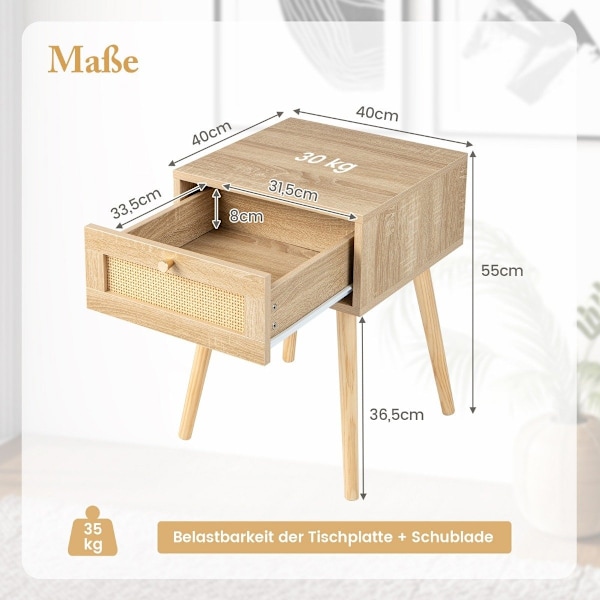 Sengebord med skuffe sidebord med rattan design 40 x 40 x 55 cm eg