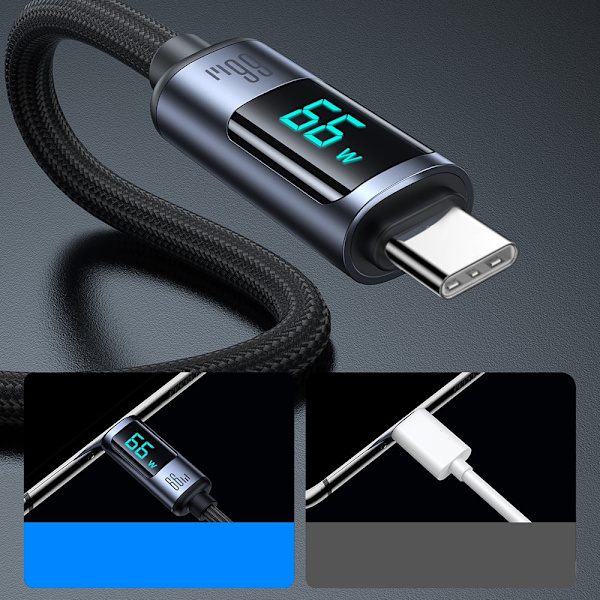 Kabel med LED display USB-C - USB-A 66W 1,2m sort