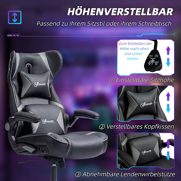 Gamingstol med vippe- og benfunktion, ergonomisk computerstol, højdejusterbar, drejelig skrivebordsstol med højttaler, bæreevne op til 120 kg, sort +