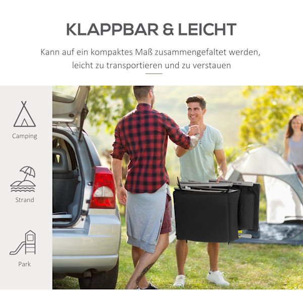 Hopfällbar strandstol, 7 nivåer justerbar, väderbeständig, med dyna, textlinje, polyester, metall, 137 x 63,5 x 100,5 cm, svartAoso