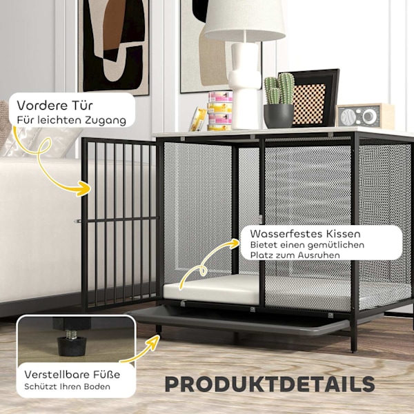 Hundbur för hemmet, Låsbar hundkennel med kudde, Hundlåda med pallar, Hundhus för medelstora hundar under 20 kg, Grå, 88 x 55 x 71 cm