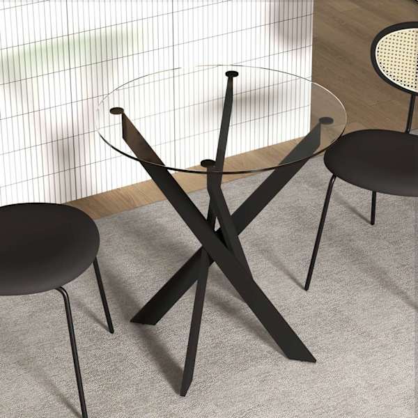 Matbord, runt köksbord för 4 personer, matsalsbord med stålben, bordsskiva av härdat glas, för matsal, kök, Ø70 x 75 cm, modern design, svart+transpar