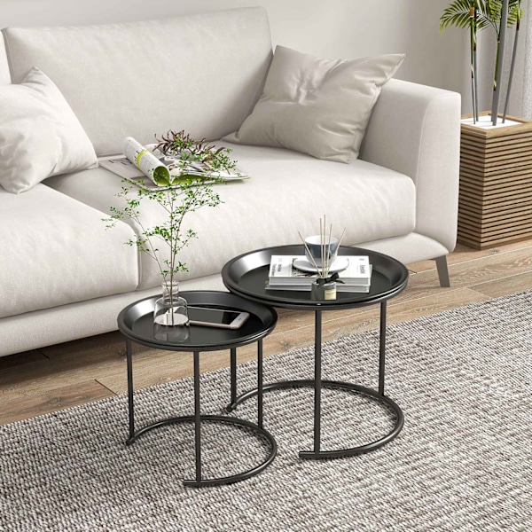 Set med 2 soffbord, runda sidobord, stapelbart vardagsrumsbord, soffbord för vardagsrum, sovrum, hall, stål, Ø43/35 cm, svart
