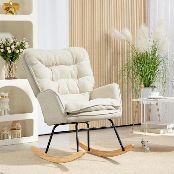Gyngestol, lænestol, ammestol med chenille-look, gyngestol op til 120 kg bæreevne til soveværelse, stue, beige