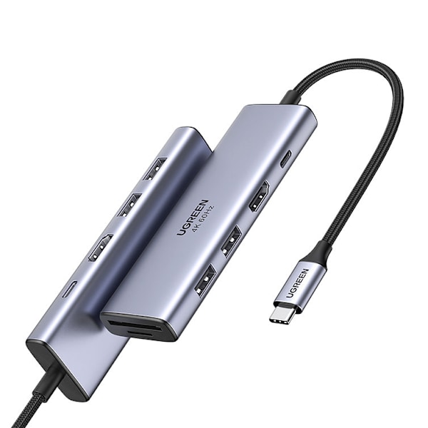 6in1 monitoiminen USB-C HUB - 2x USB HDMI 4K SD ja TF-kortinlukija USB-C PD 100W harmaa