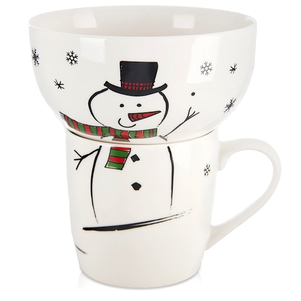 Barnmugg med skål, snögubbe i porslin, 2 st.