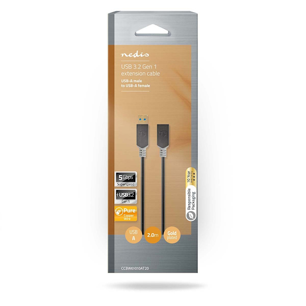USB-kabel | USB 3.2 Gen 1 | USB-A Han | USB-A Hun | 5 Gbps | Guldplateret | 2.00 m | Runde | PVC | Antracit | Box