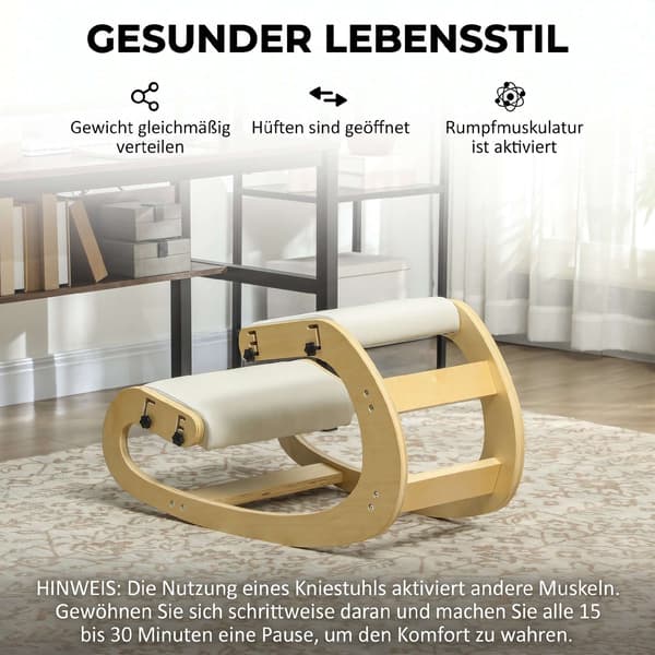 Ergonomisk knäböjd stol, justerbar björkträbas, krämfärgad