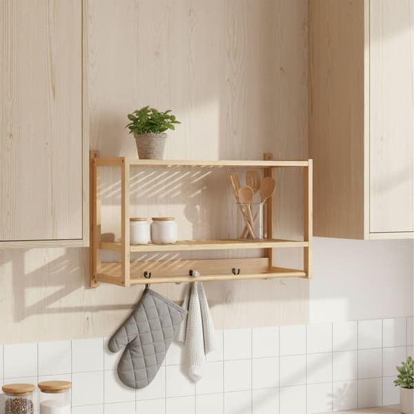 Badeværelseshylde i bambus med håndklædetørrer og kroge