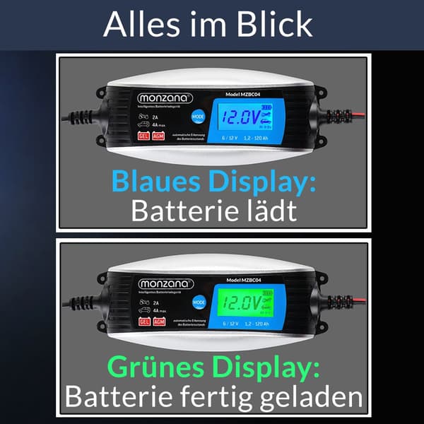 Bilbatteriladdare 6V/12V, Automatisk, LCD-skärm, IP65