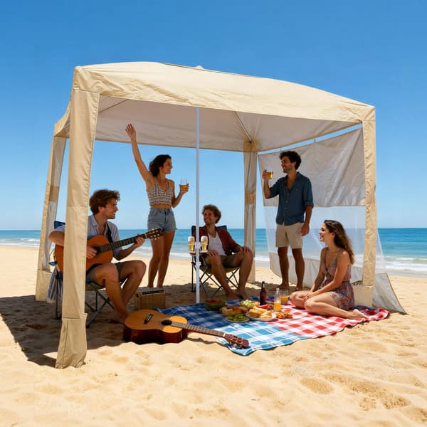 Strandtält 2,4x2,4 m, UPF 50+, sidovägg, sandfickor