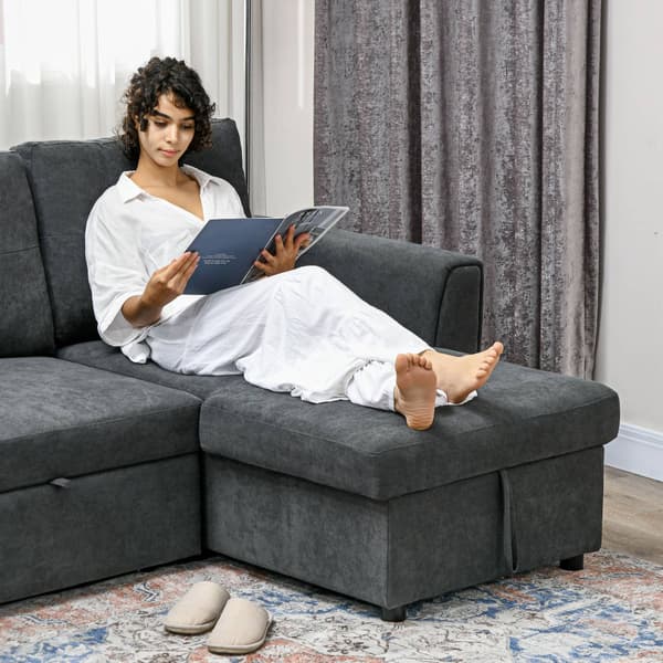 Bäddsoffa med schäslong, 3-sits, mörkgrå