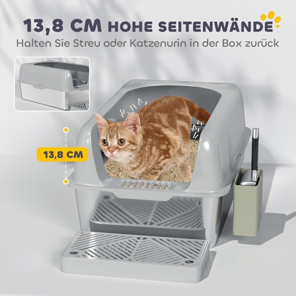 Kattsandlåda med lock, kattsandlåda med skopa, badkar i rostfritt stål, katttoaletthus med förvaringslåda för katter under 4,5 kg, inomhus, ljusgrå Ao