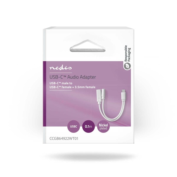 USB-C™ Sovitin | USB 2.0 | USB-C™ Uros | USB-C™ Naaras / 3.5 mm naaras | 0.10 m | Pyöreä | Niklattu | PVC | Valkoinen | Laatikko