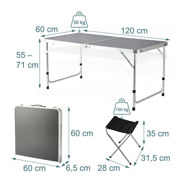 Hopfällbart campingbord med 4 pallar, justerbar höjd