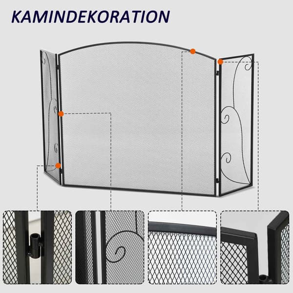 Eldstadsgaller, Eldstadsskyddsgaller Med 3 Paneler, Fällbart Gnistskyddsgaller, Ugnsskyddsgaller För Vardagsrum, Metall, Svart 132,5 X 76,5Cm