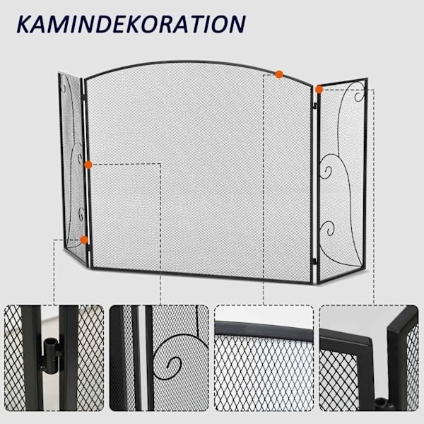 Pejsegitter, Pejsbeskyttelsesgitter Med 3 Paneler, Foldegnistbeskyttelsesgitter, Ovnbeskyttelsesgitter Til Stue, Metal, Sort 132,5 X 76,5 Cm