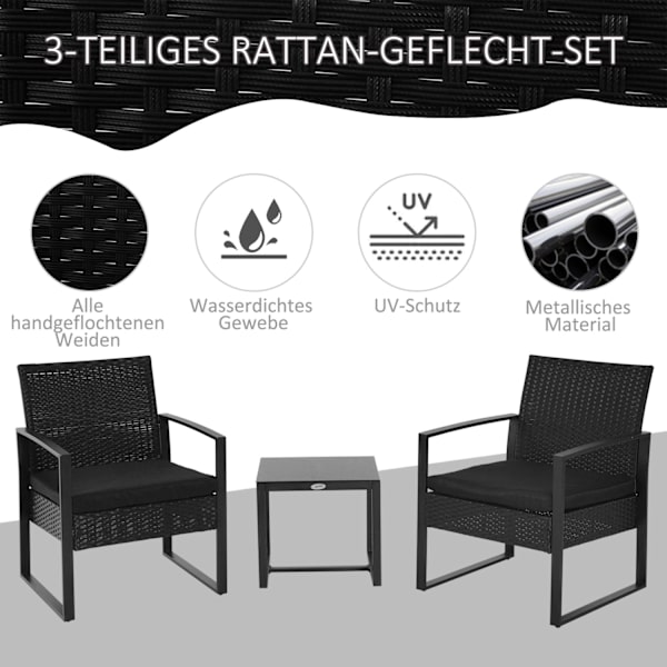 Polyrattan Havesæt Til 2 Personer Altanmøbelsæt Med Puder Sort