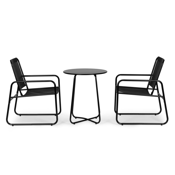 Sarja puutarhakalusteita, kaksi tuolia, musta pöytä