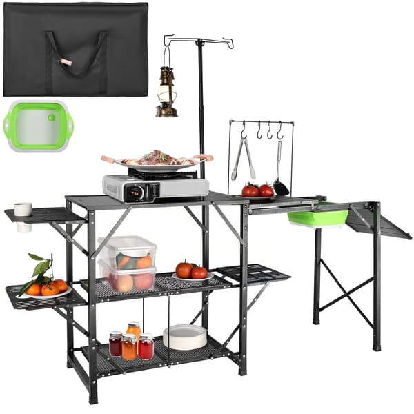 Campingköksbord – Hopfällbart aluminium, diskho, hyllor