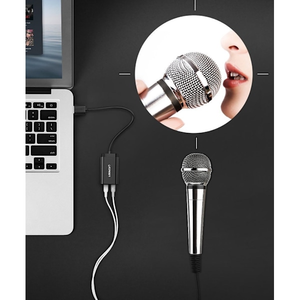 Ekstern musik lydkort adapter USB - 3,5 mm mini jack kabel 15 cm sort