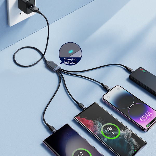 4in1-kaapeli USB-A - 2x USB-C iPhone Lightning microUSB 1,2m musta