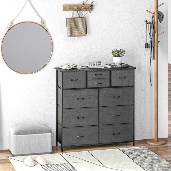 Byrå, förvaringsskåp med 10 hopfällbara tyglådor, skänk i modern stil för vardagsrum, sovrum, stål, svart