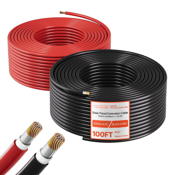 Forlængerkabel til solpanel 10 AWG, 30,48 m rød/sort
