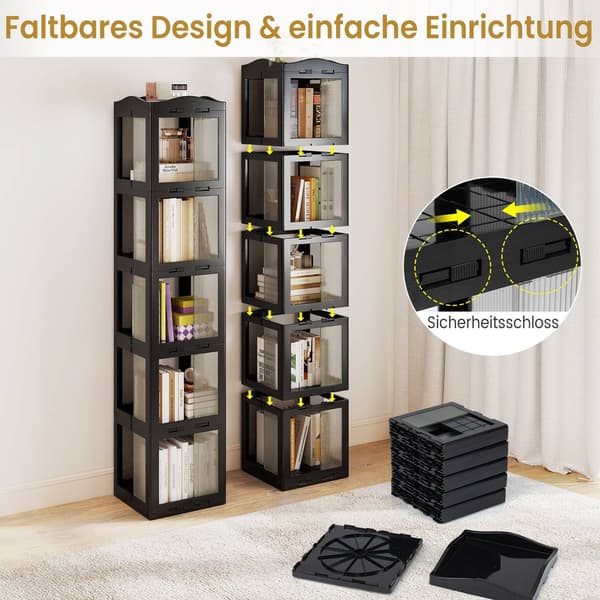 360 grader roterende bogreol, foldbar, transparent, sort, 174 cm