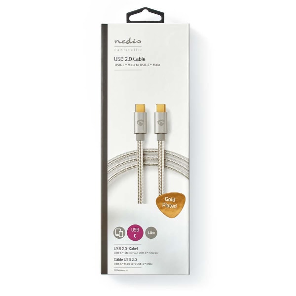 USB kaapeli | USB 2.0 | USB-C™ Uros | USB-C™ Uros | 100 W | 480 Mbps | Kullattu | 1.00 m | Pyöreä | Nailon / Punottu | Hopea | Laatikko kannella ja ik