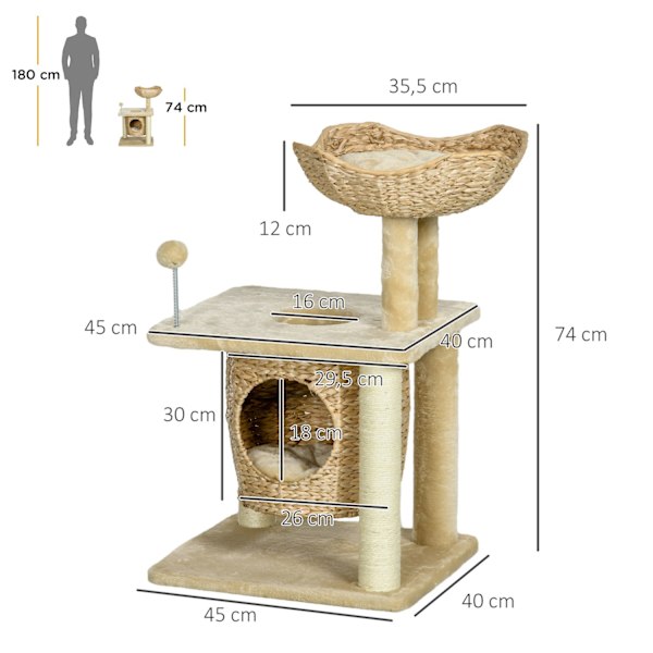 Liten kattskrapstolpe, 74 cm kattträd med kattgrotta, lekboll, klättertorn inomhus med säng, klösmöbler för katter upp till 5 kg, beige