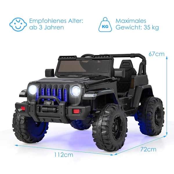 12V barns 2-sits elbil med fjärrkontroll & signalhorn & strålkastare Svart
