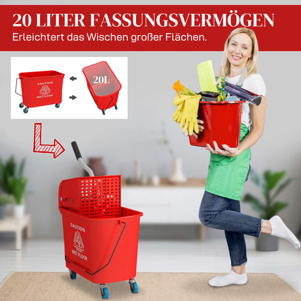 20L moppespand med vridemaskine, hjul, rød plastik