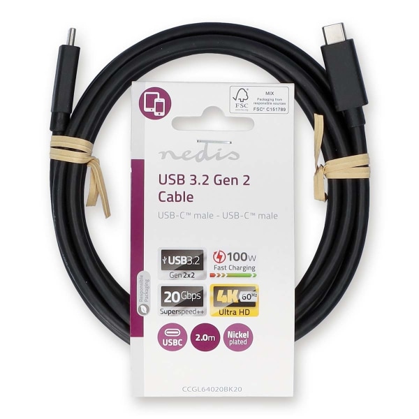 USB kaapeli | USB 3.2 Gen 2x2 | USB-C™ Uros | USB-C™ Uros | 100 W | 4K@60Hz | 20 Gbps | Niklattu | 2.00 m | Pyöreä | PVC | Musta | Label
