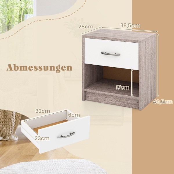 Sengebord med skuffe Lille sidebord med åbent rum 38,5 x 28 x 40,5 cm lysegrå + hvid