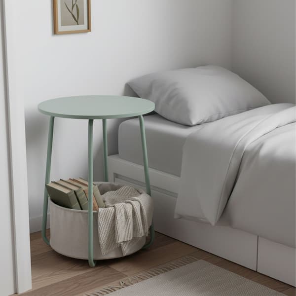 Rundt sidebord med stofkurv