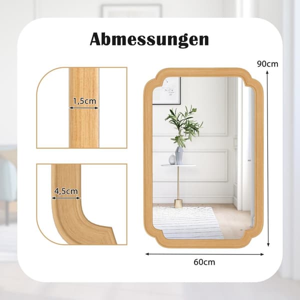 Rektangulär väggspegel med träram, 90x60 cm
