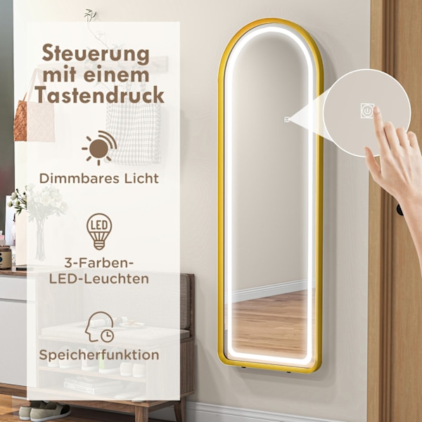 Fuldlængde Spejl Med Led Lys Vægspejl, Stående Spejl, Dæmpbart, Garderobespejl Med Touch Switch, Guld, 47X146 Cm