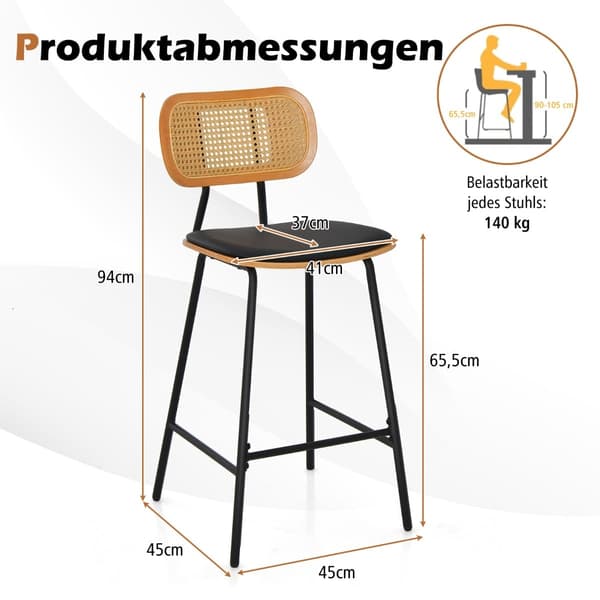 Barstolar i rotting, set om 2, sitthöjd 65,5 cm