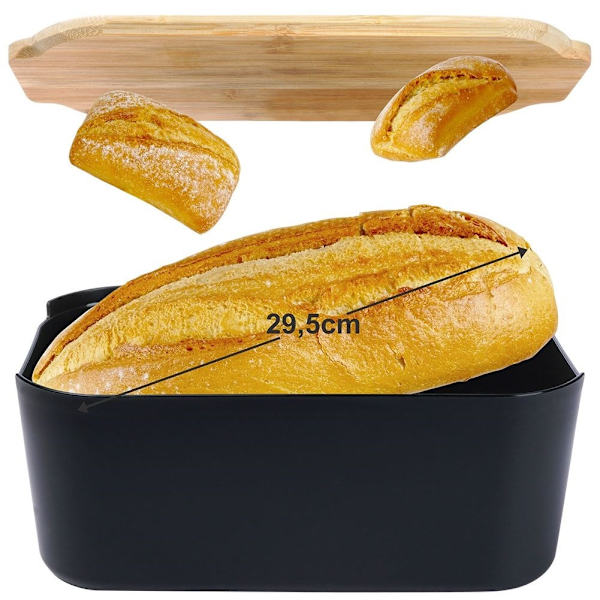 Svart brödlåda med bambuskärbräda