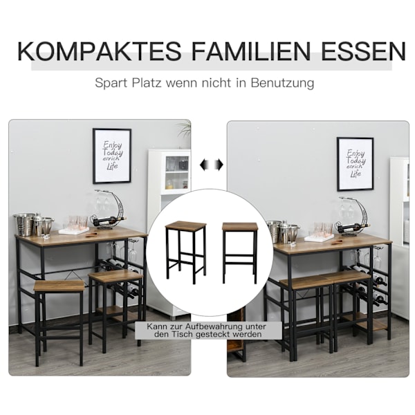 Baaripöytäsetti, Baaripöytä 2 Baarijakkaralla, 3-Osainen Keittiön Työpöytäsetti Pullonpidikkeellä, Lastulevy, Teräs, Luonnon + Musta