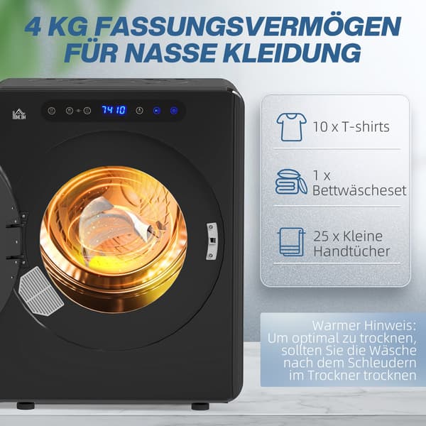 Kompakt tørretumbler, 4 kg kapacitet, 6 programmer, sort