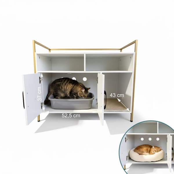 Kattsandskåp med förvaring och kattmatta