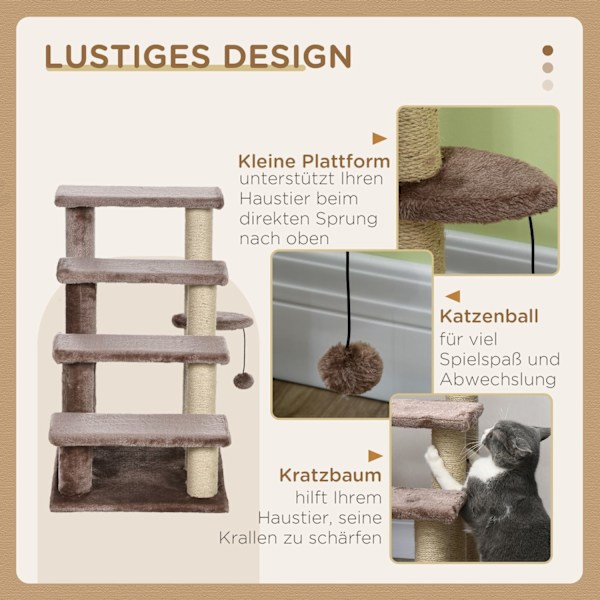 4-stegs katttrappa med skrapstolpe, upp till 5 kg, husdjurstrappa med lekboll, hundtrappa, djurtrappa, plysch, brun, 60 x 40 x 64 cm