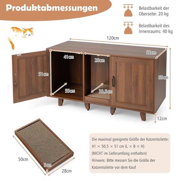 Kattskåp för katttoalett med 2 dörrar & skrapbräda & entré 120 x 52 x 65 cm kaffe