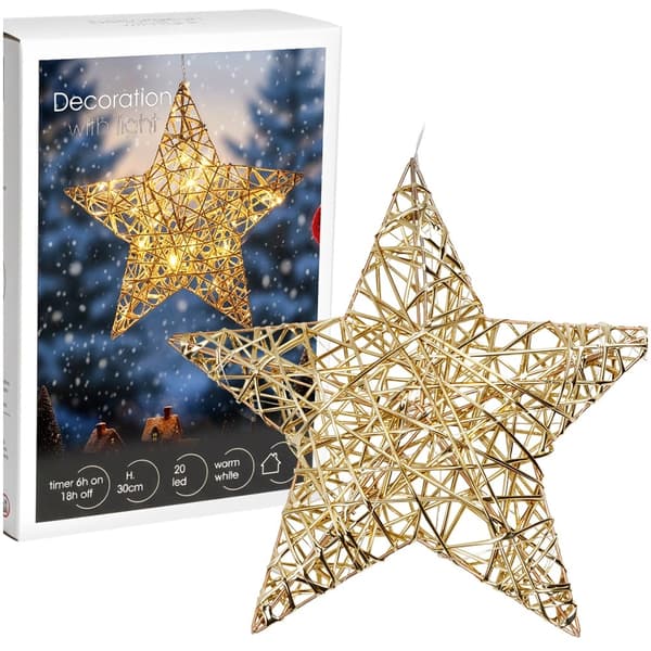 Oplyst guldstjerne, 30 cm, 20 LED'er, batteridrevet