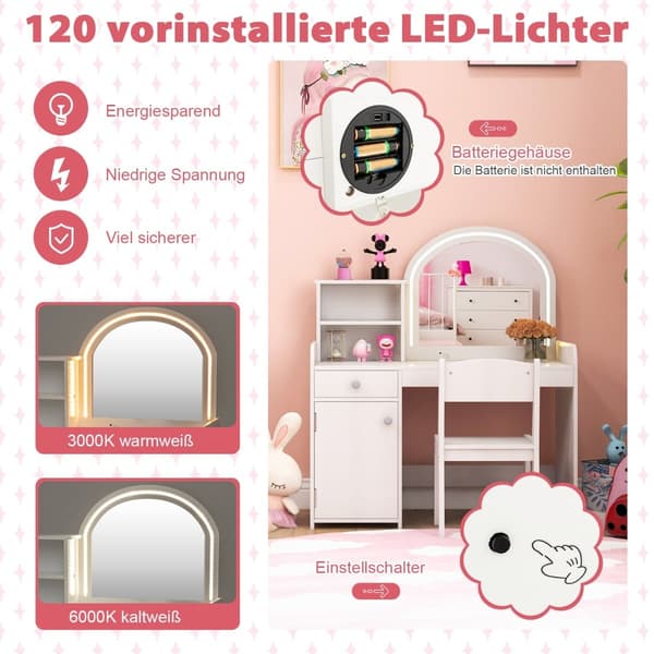 Barnmöbelset med LED-spegel, pall och förvaring